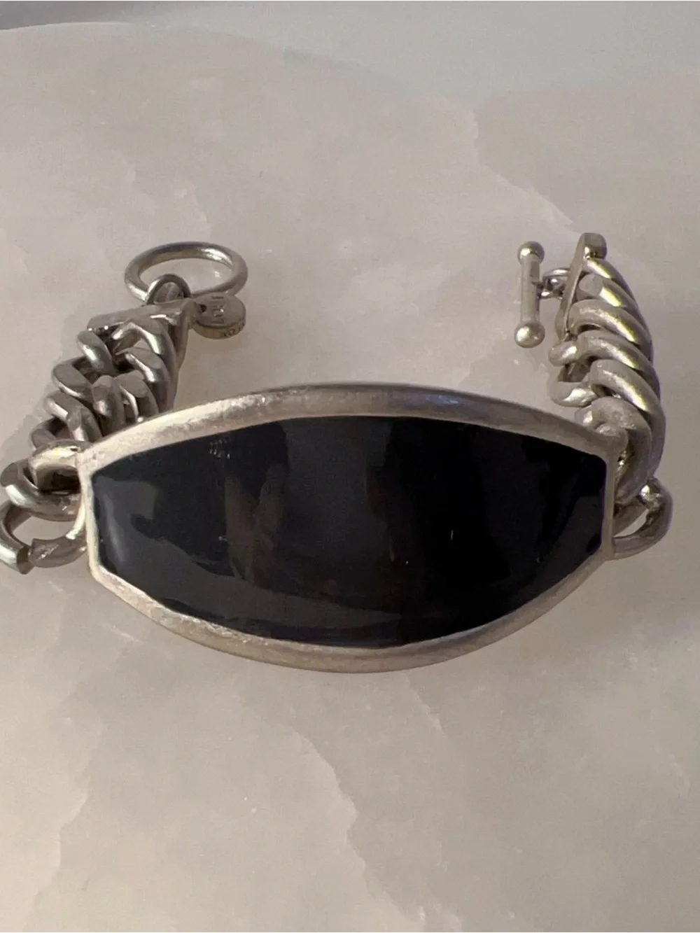 LOFT dark grey silver chunky toggle ID bracelet with Black oval centerpiece